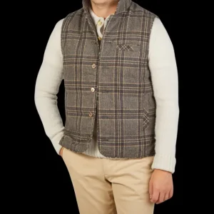 Stenströms Outerwear | Beige Checked Wool Down Padded Gilet