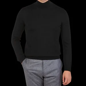 Gran Sasso Knitwear | Black Extra Fine Merino Roll Neck