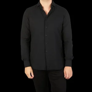 Xacus Shirts | Black Washed Cotton Twill Casual Shirt