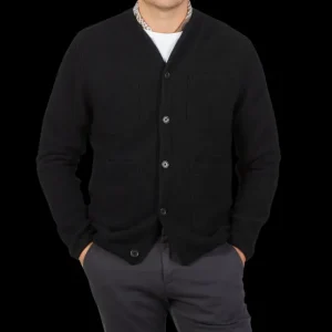 Universal Works Cardigans | Black Wool Fleece Button Cardigan