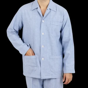 Derek Rose Loungewear | Blue Herringbone Cotton Classic Fit Pyjamas