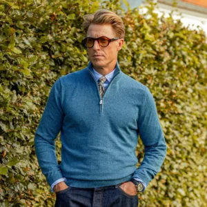 Piacenza Cashmere Sweaters | Blue Melange Cashmere 1/4 Zip Sweater