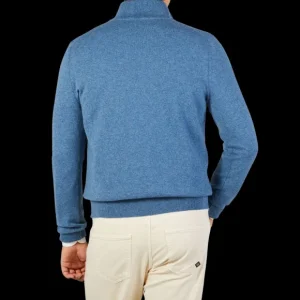 Piacenza Cashmere Knitwear | Blue Melange Cashmere 1/4 Zip Sweater