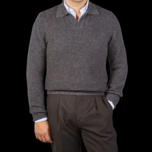 Altea Sweaters | Blue Melange Wool Cashmere Ls Polo