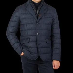 Moorer Coats & Jackets | Blue Melange Wool Down Padded Jacket