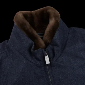 Canali Outerwear | Blue Melange Wool Fur Collar Blouson