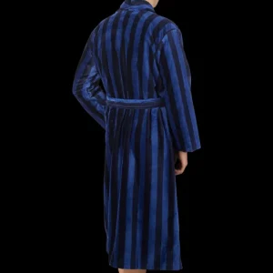 Derek Rose Loungewear | Blue Striped Cotton Velour Towelling Gown