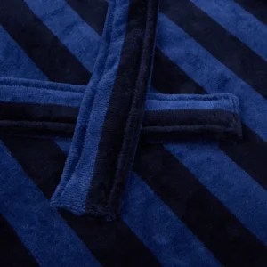 Derek Rose Loungewear | Blue Striped Cotton Velour Towelling Gown