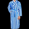 Derek Rose Loungewear | Blue White Striped Cotton Velour Towelling Gown