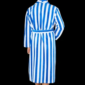 Derek Rose Loungewear | Blue White Striped Cotton Velour Towelling Gown