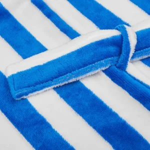 Derek Rose Loungewear | Blue White Striped Cotton Velour Towelling Gown