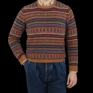 William Lockie Knitwear | Brown Fair Isle Crew Neck Lambswool Sweater