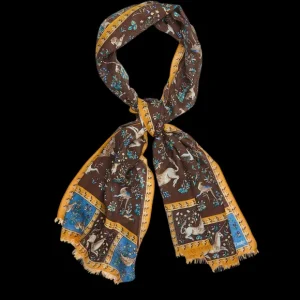 Drake's Scarves | Brown Wool Silk Unicorn Print Scarf