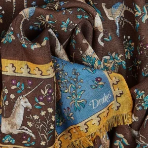 Drake's Scarves | Brown Wool Silk Unicorn Print Scarf