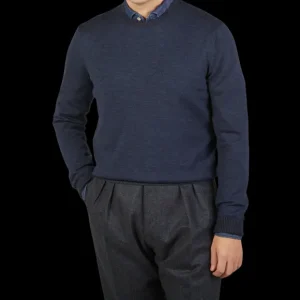 Gran Sasso Sweaters | Dark Blue Bicolour Merino Wool Crewneck