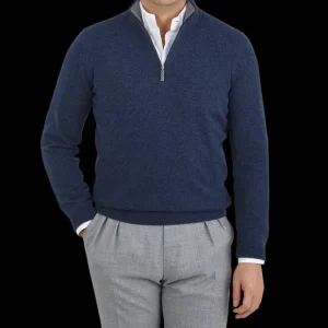 Gran Sasso Sweaters | Dark Blue Melange Wool Cashmere 1/4 Zip Sweater