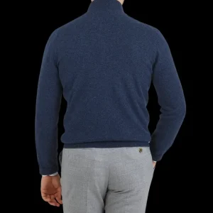 Gran Sasso Knitwear | Dark Blue Melange Wool Cashmere 1/4 Zip Sweater