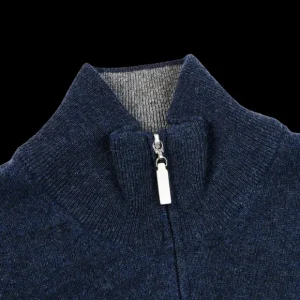 Gran Sasso Knitwear | Dark Blue Melange Wool Cashmere 1/4 Zip Sweater