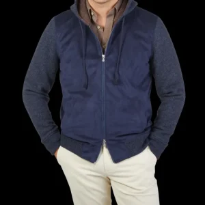 Gran Sasso Knitwear | Dark Blue Wool Alcantara Front Padded Jacket