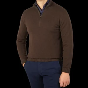 Filippo de Laurentiis Knitwear | Dark Brown Wool Cashmere 1/4 Zip Sweater