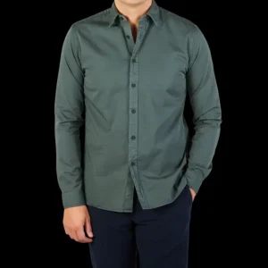 Xacus Shirts | Dark Green Washed Cotton Twill Casual Shirt