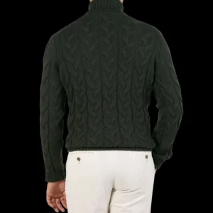 Gran Sasso Knitwear | Dark Green Wool Cable Knit Roll Neck