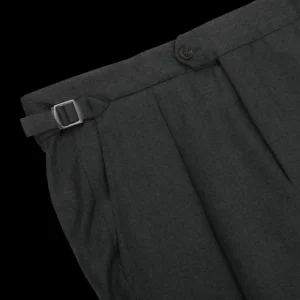 Studio 73 Trousers | Dark Green Wool Flannel Pleated Trousers