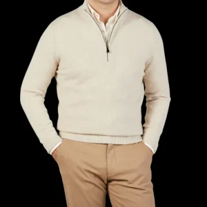 Filippo de Laurentiis Knitwear | Ecru Beige Wool Cashmere 1/4 Zip Sweater