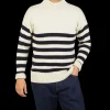 Gloverall Knitwear | Ecru Blue Striped Wool Rollneck