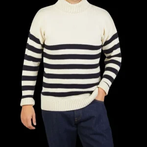 Gloverall Knitwear | Ecru Blue Striped Wool Rollneck