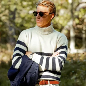 Gloverall Knitwear | Ecru Blue Striped Wool Rollneck