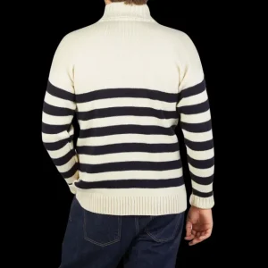 Gloverall Knitwear | Ecru Blue Striped Wool Rollneck