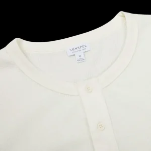 Sunspel T-Shirts | Ecru Waffle Cotton Ls Henley Shirt