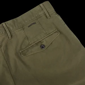 Incotex Trousers | Green Cotton Stretch Pleated Chinos