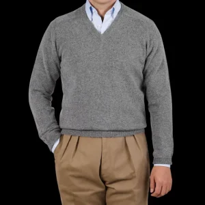 Alan Paine Sweaters | Grey Melange Lambswool V-Neck