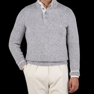 Gran Sasso Knitwear | Grey Melange Wool Quarter Button Sweater