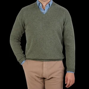 Alan Paine Sweaters | Landscape Green Lambswool V-Neck