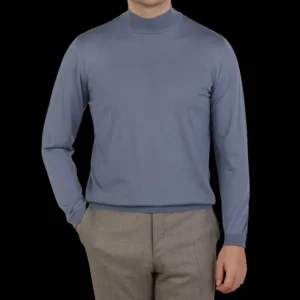 Fedeli Knitwear | Light Blue 140S Wool Mockneck Sweater