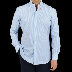 Mazzarelli Shirts | Light Blue Striped Regular Fit Cotton Shirt