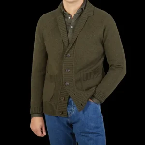 Zanone Knitwear | Military Green Wool Shawl Collar Cardigan