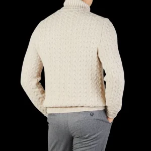 Fedeli Knitwear | Natural Beige Cable Wool Cashmere Rollneck