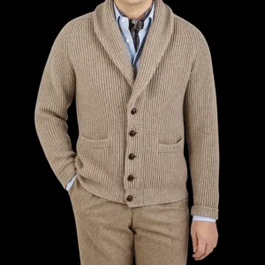 William Lockie Knitwear | Natural Beige Cashmere Shawl Collar Cardigan