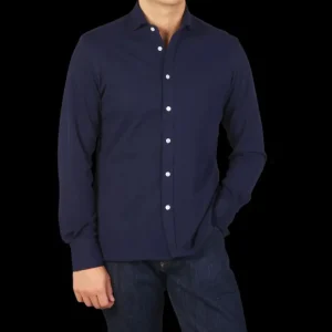 Ring Jacket Shirts | Navy Blue Cotton Pique Casual Shirt