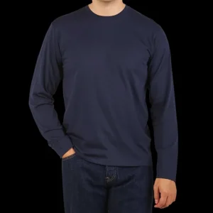 Sunspel T-Shirts | Navy Blue Cotton Riviera Long Sleeve T-Shirt