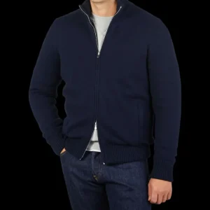 Gran Sasso Cardigans | Navy Blue Faux Fur Lined Cashmere Blouson