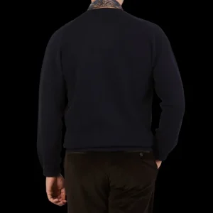 Alan Paine Sweaters | Navy Blue Lambswool Crew Neck