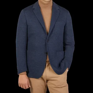 Canali Blazers | Navy Blue Melange Wool Jersey Jacket