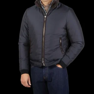 Moorer Outerwear | Navy Blue Nylon Down Padded Blouson