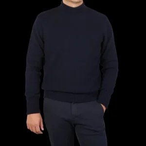 G.R.P Knitwear | Navy Blue Wool Cashmere Mock Neck Sweater