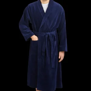 Derek Rose Loungewear | Navy Cotton Velour Towelling Gown